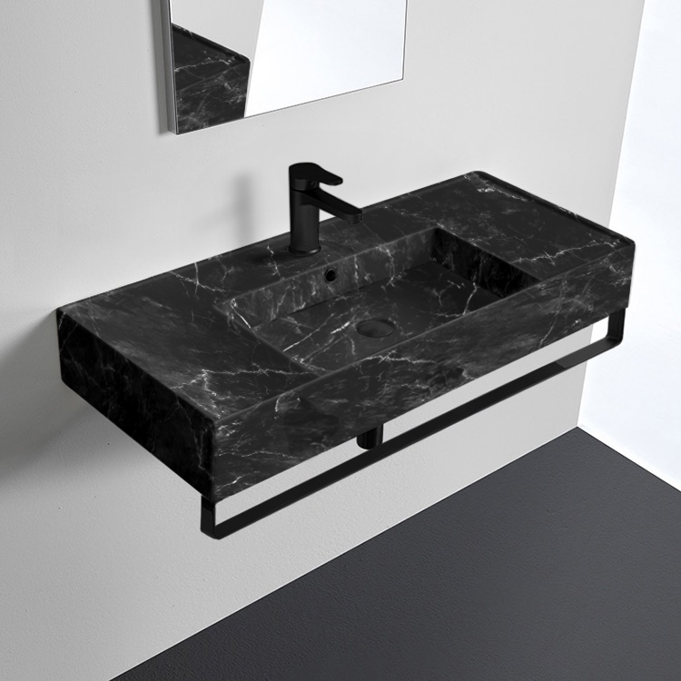 Scarabeo 5124-G-TB-BLK Black Marble Design Ceramic Wall Mounted Sink With Black Marble Design Towel Bar